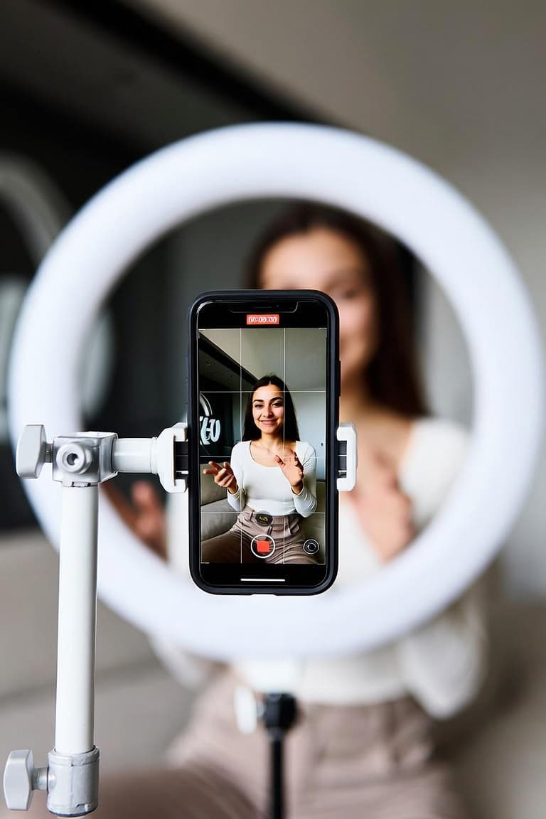 A content creator recording video through a ring light